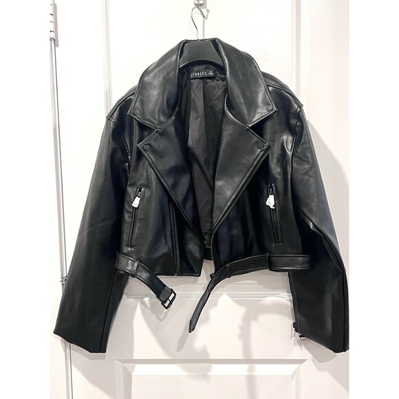 Lioness Faux Leather Jacket Staten Island Cropped Biker Jacket Size XL Black New - Picture 11 of 14